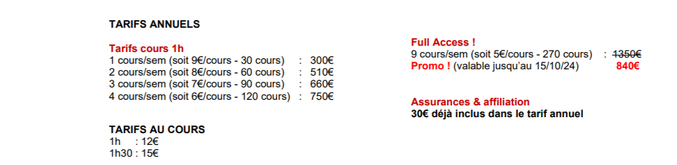 Studio Vibes timetable horaire - Prix