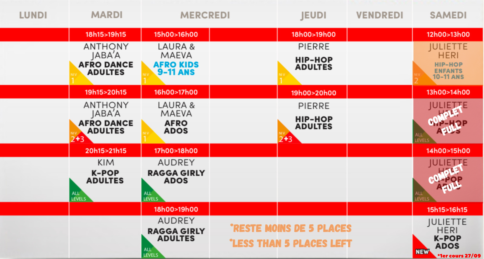 Studio Vibes timetable horaire - Salle 1 - Disponible mi-août
