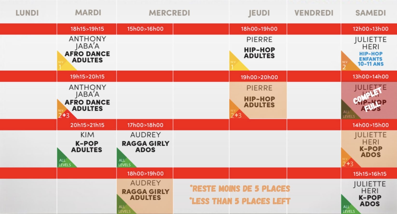 Studio Vibes timetable horaire - Salle 1 - Disponible mi-août
