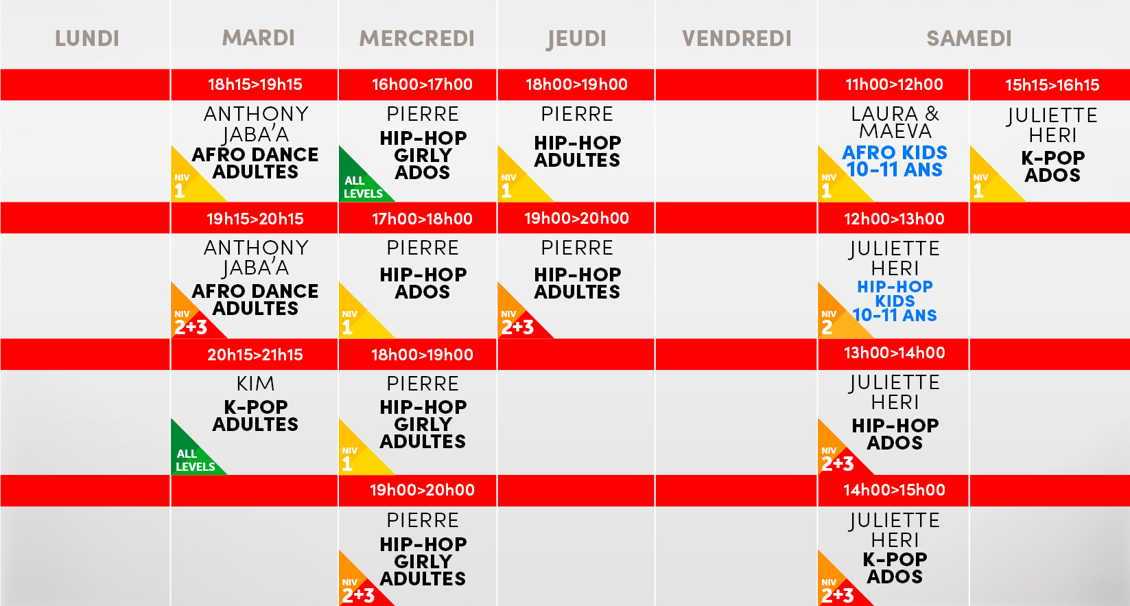 Studio Vibes timetable horaire - Salle 1 - Disponible mi-août