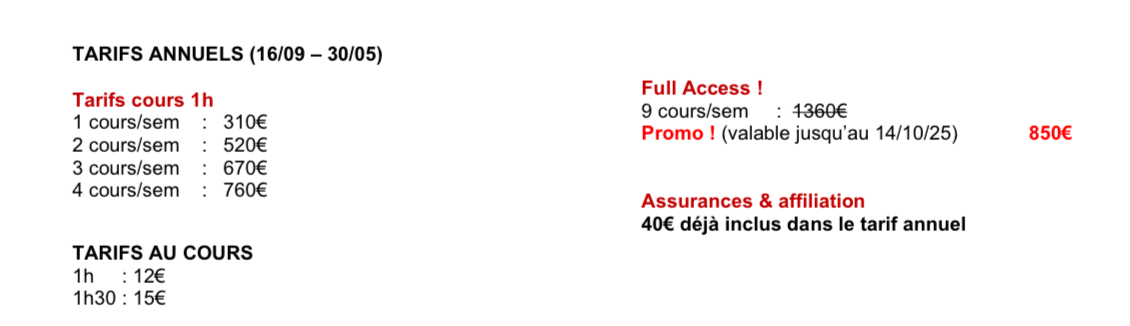 Studio Vibes timetable horaire - Prix