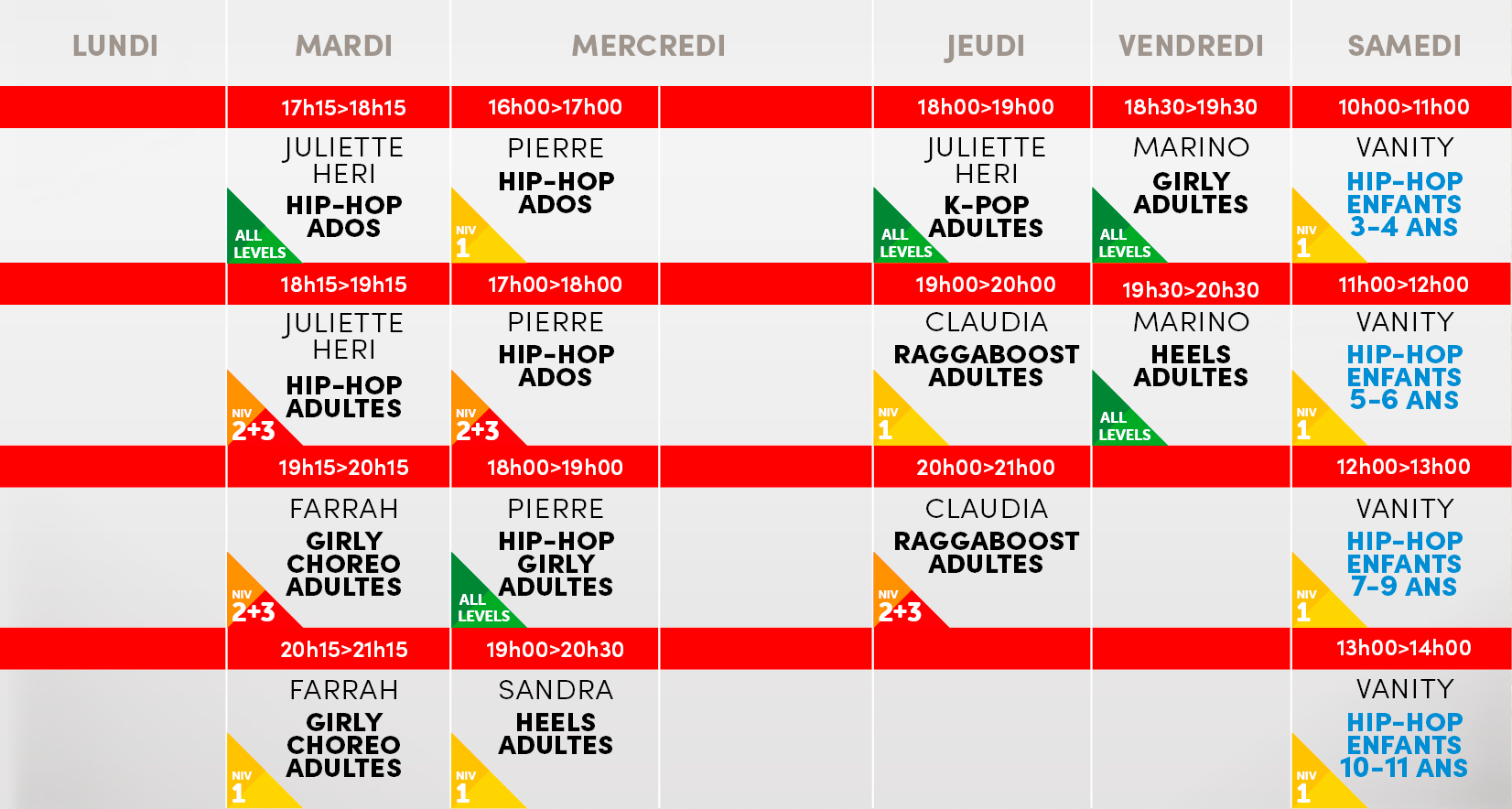 Studio Vibes timetable horaire - Salle 2 - Disponible mi-août